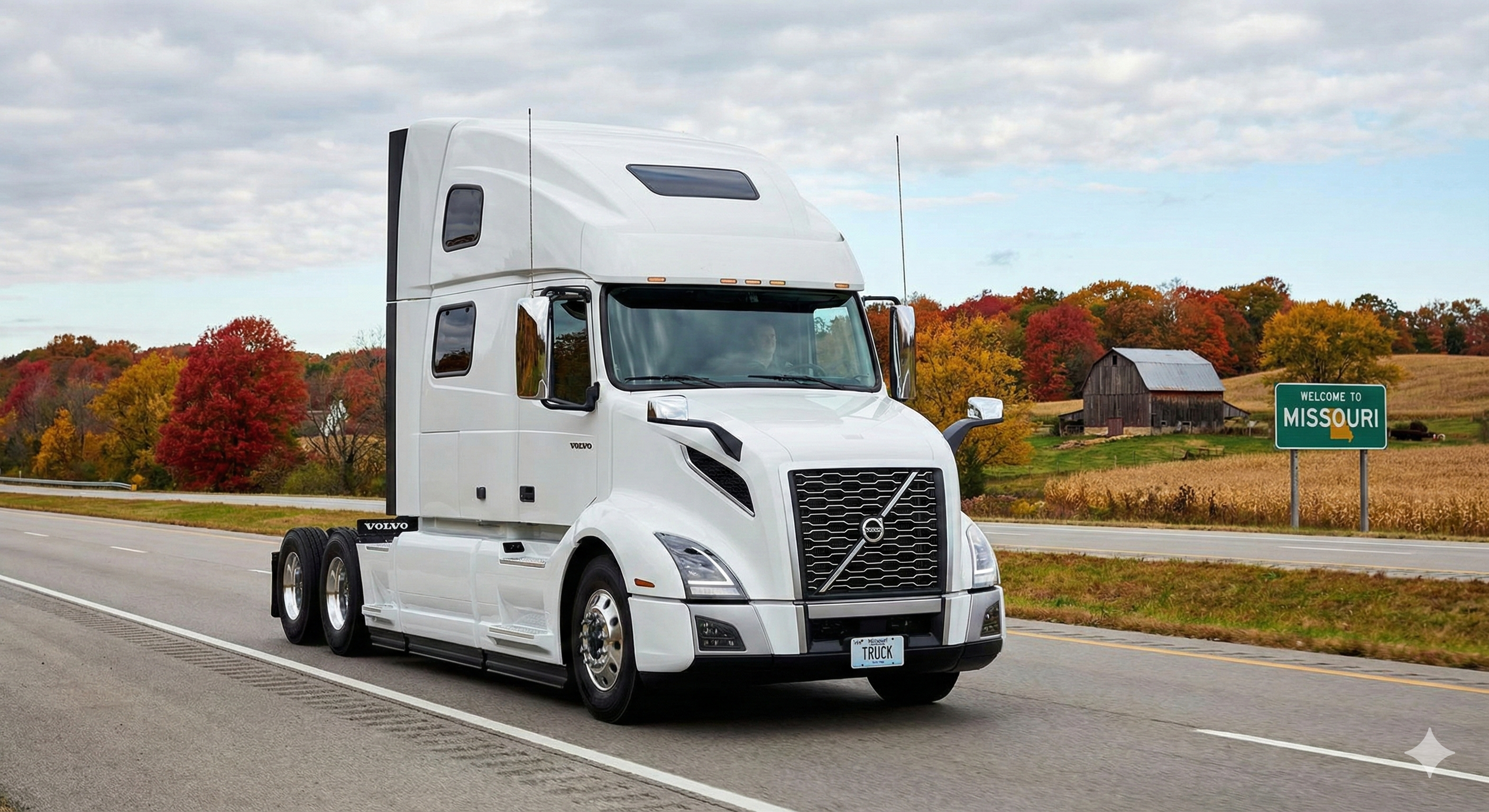 Volvo truck driving on Missouri highway - leasing programs