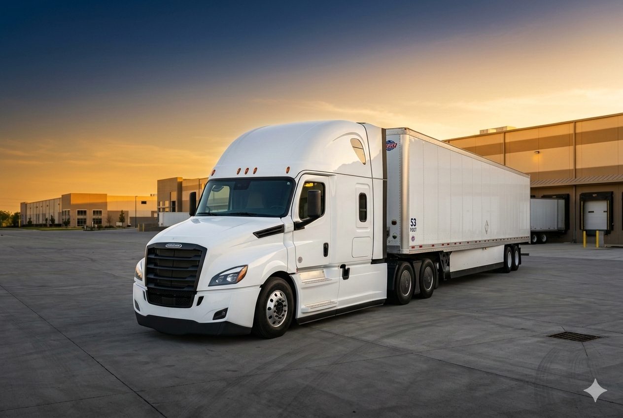 Semi truck with 53-foot dry van trailer at a distribution center at sunset